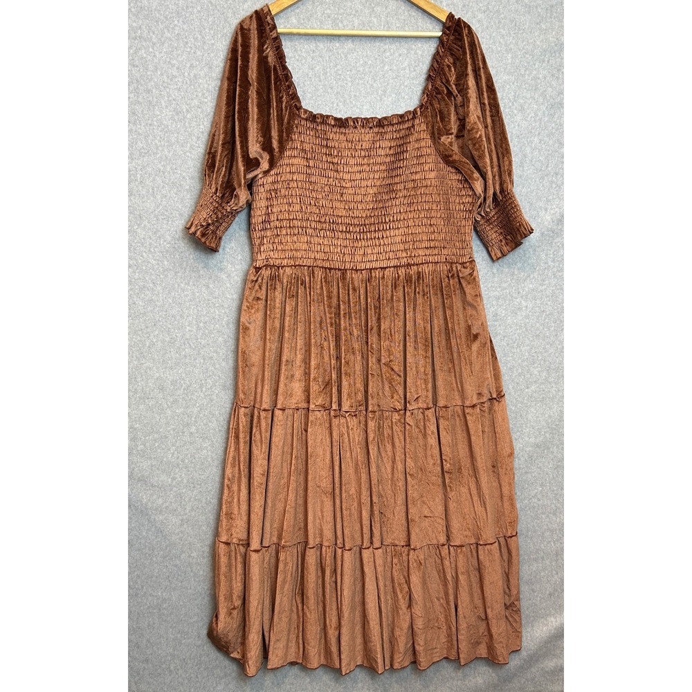 Baltic Born Size 2XL Velvet Midi Dress Smocked Tiered Brown Romantic Autumn Boho - Picture 4 of 12